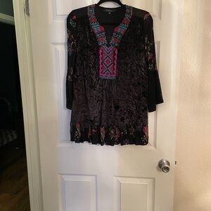Black Velvet Blouse with Pink Embroidery